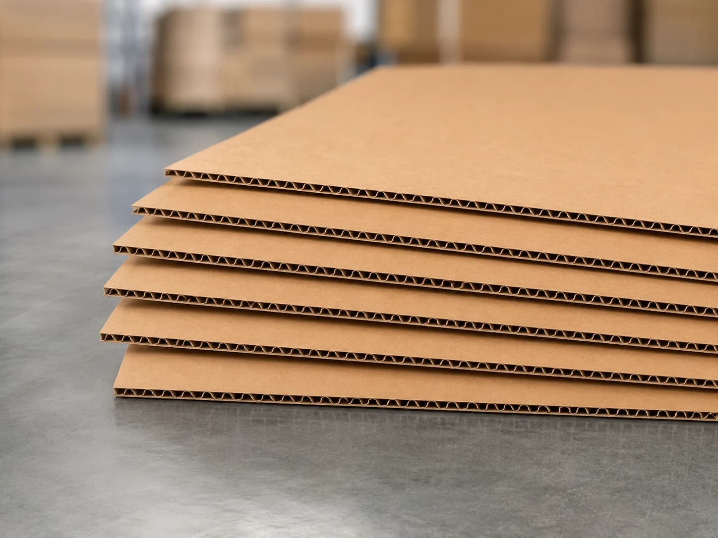 Láminas de corrugado sencillo apiladas en una mesa industrial.