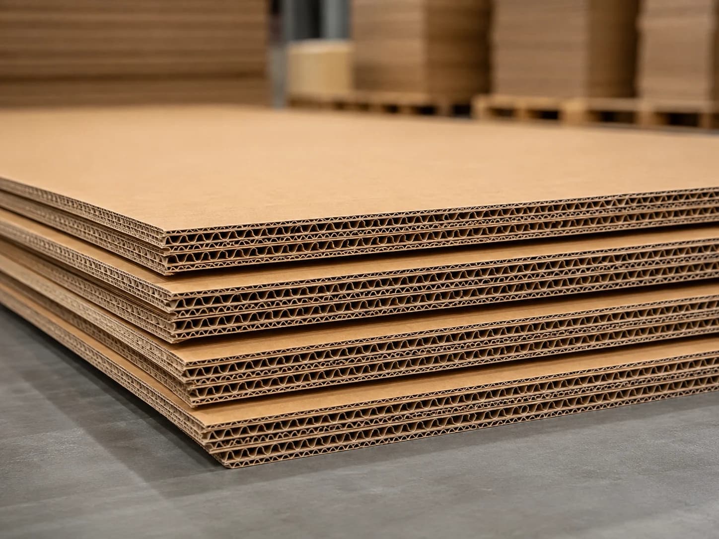 Placas de doble corrugado apiladas, mostrando capas internas resistentes.