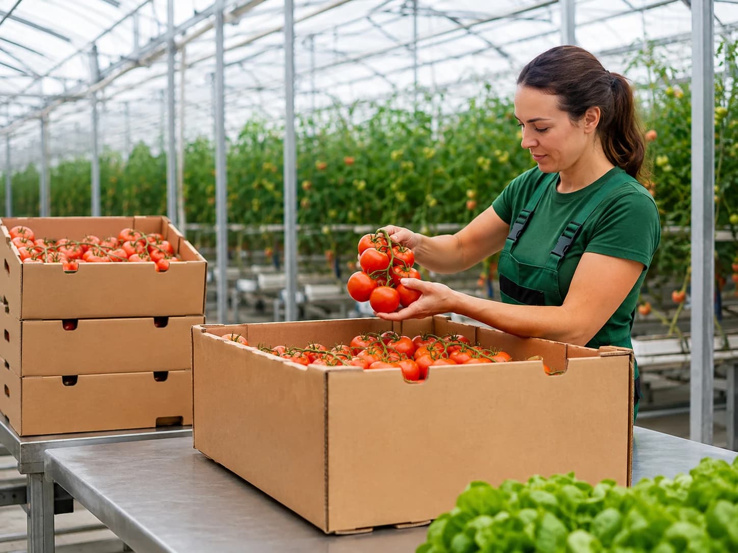 Cosecha agrícola manipulada con cajas reforzadas de cartón.