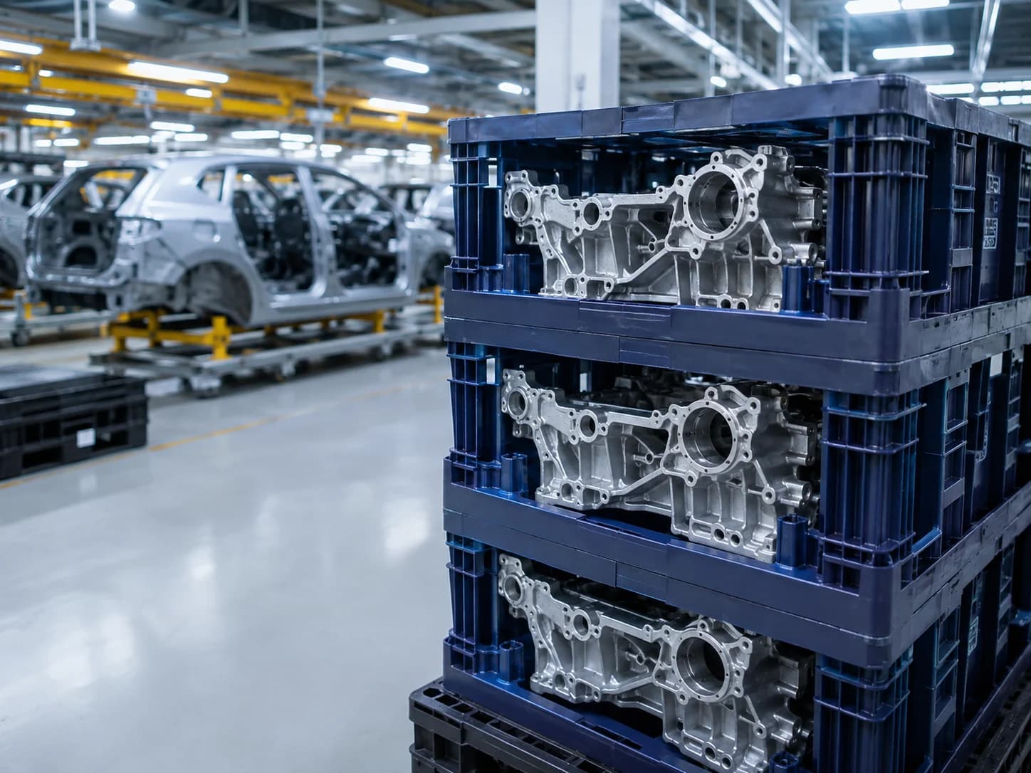 Componentes automotrices protegidos en racks dentro de una planta.