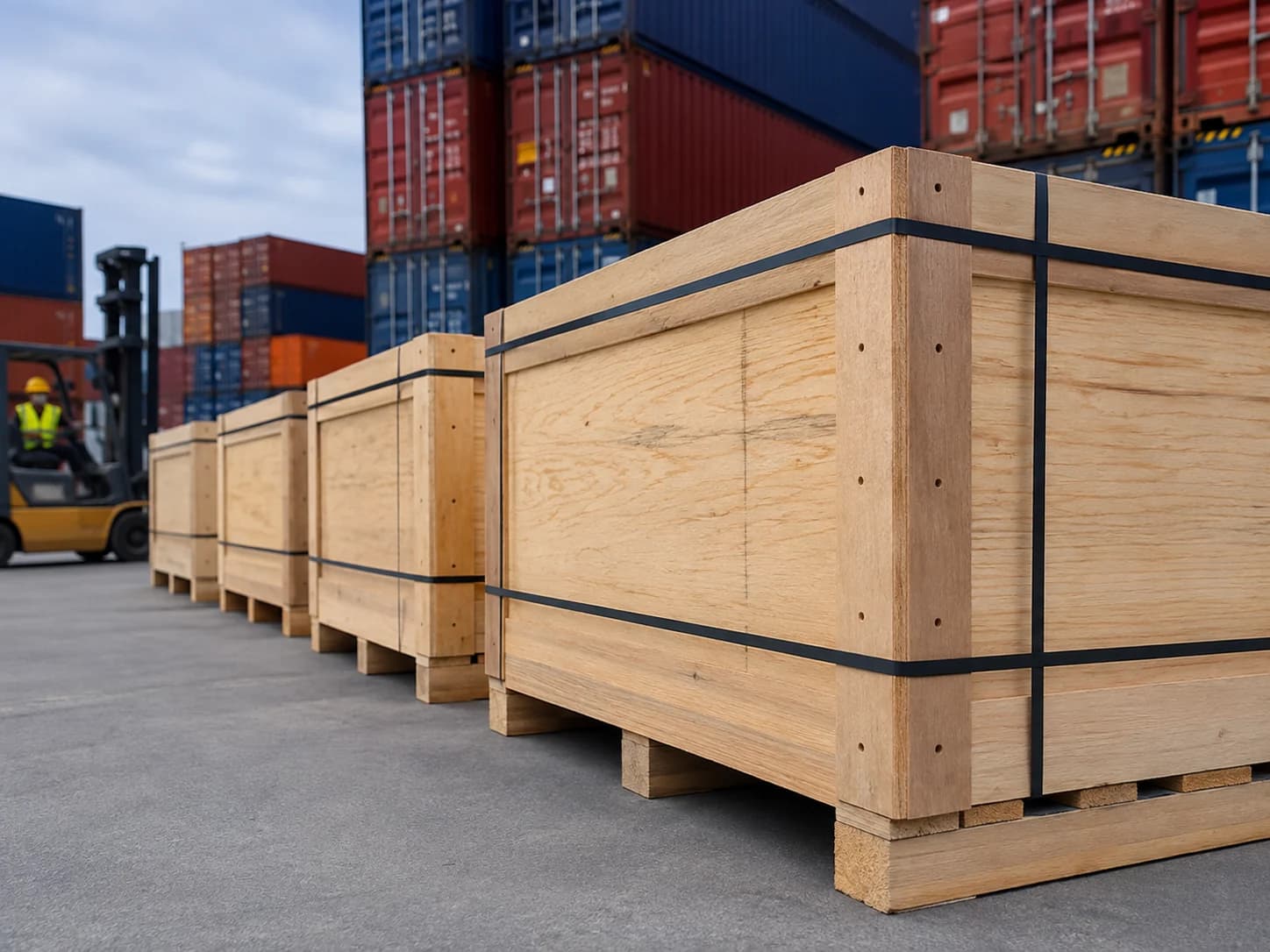 Cajas y tarimas listas para exportación en patio de contenedores.